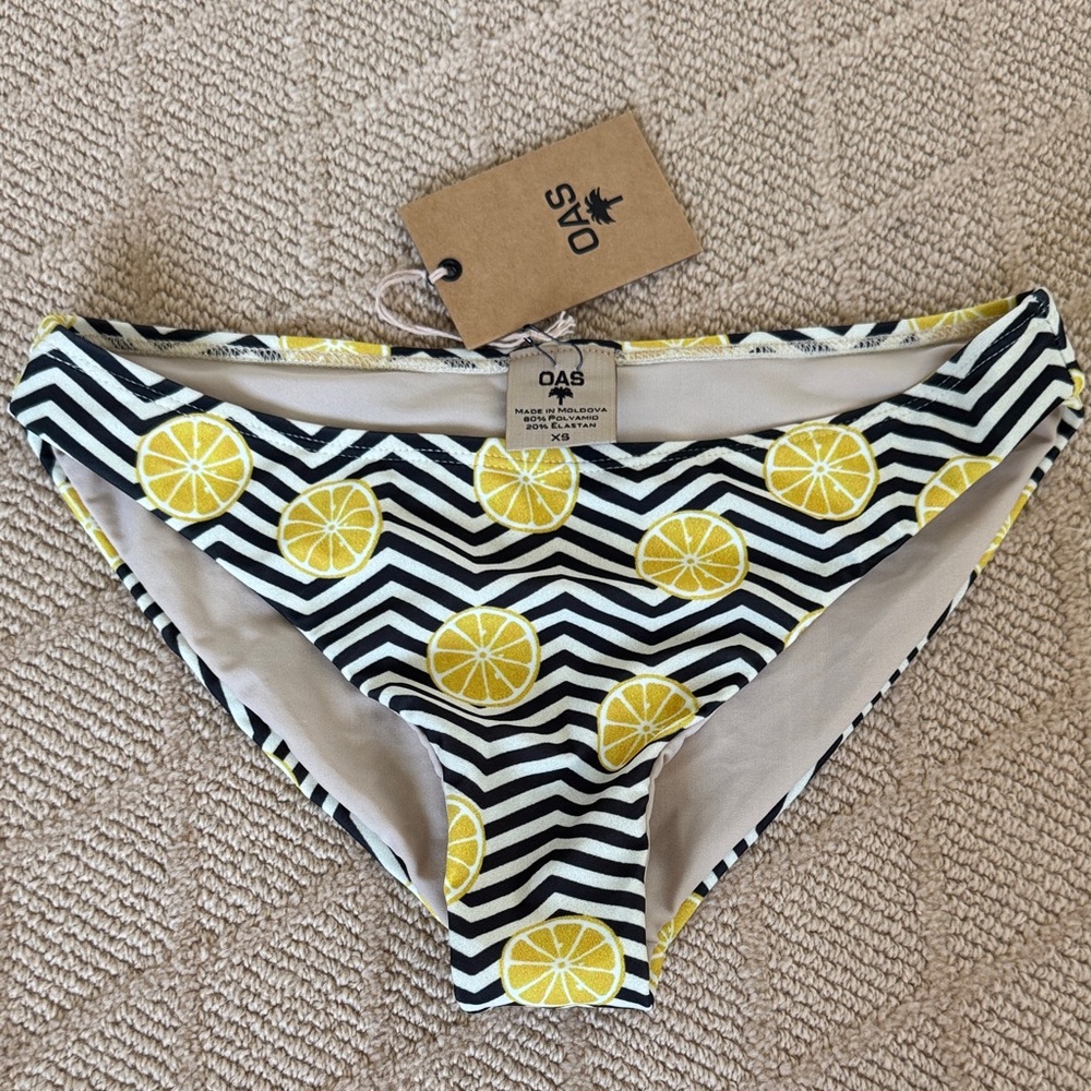 OAS Black and Cream Striped Bikini Bottom with Lemon Design